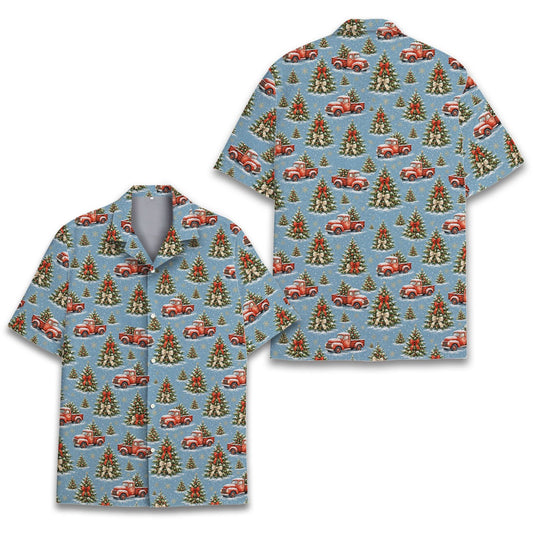 Front view of the blue christmas hawaiian shirt featuring a vintage red truck and tree pattern