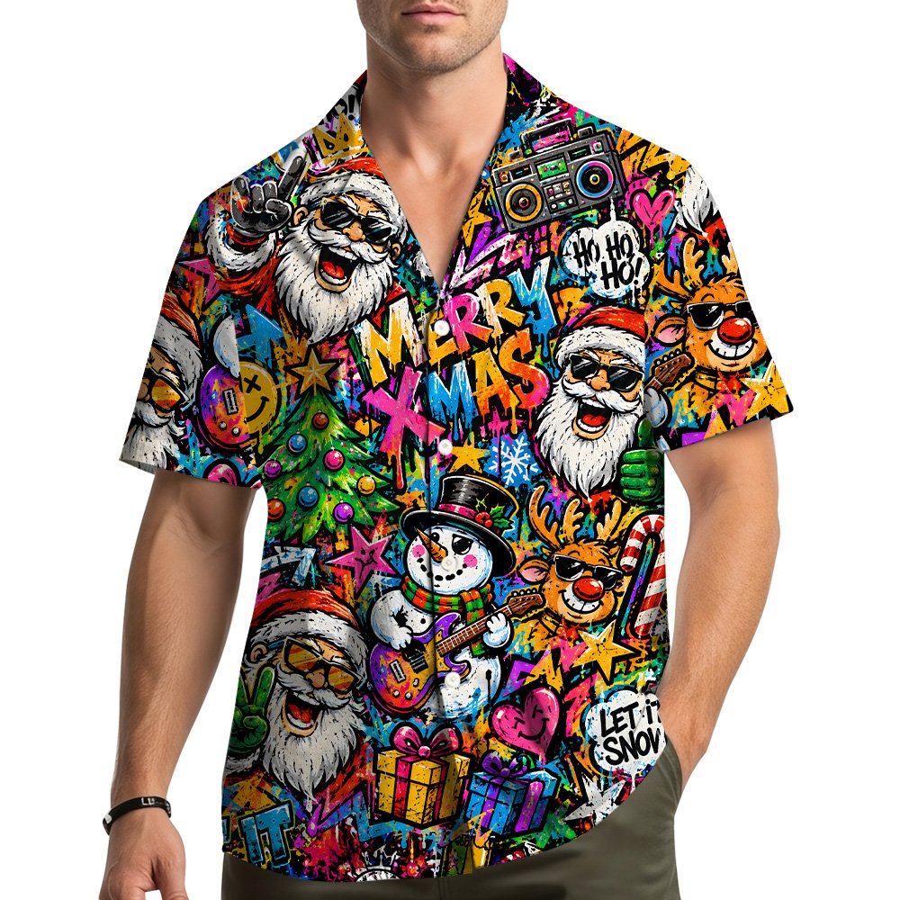 Multicolor christmas hawaiian shirt with vibrant graffiti holiday design, front view