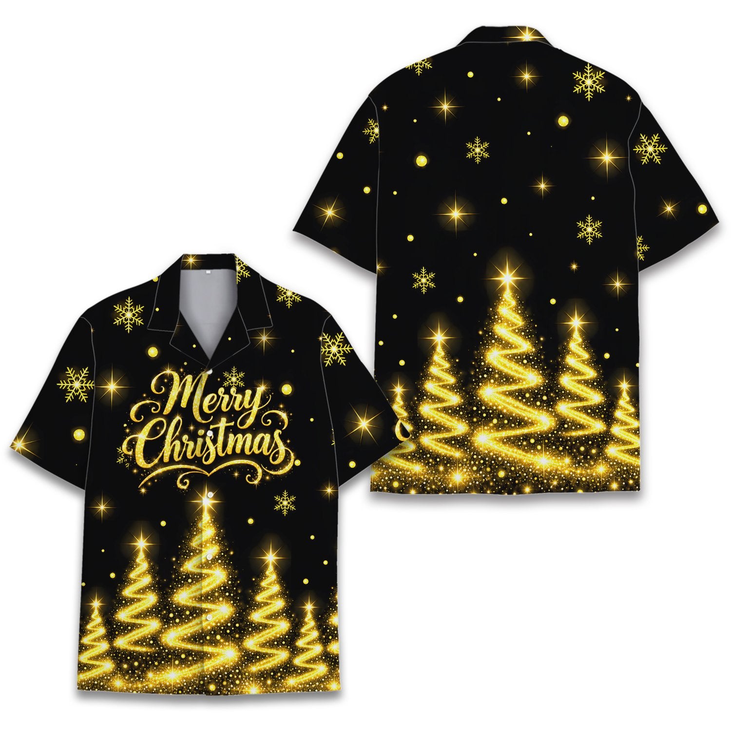 Matching family hawaiian shirts featuring a festive black and gold holiday design, main view