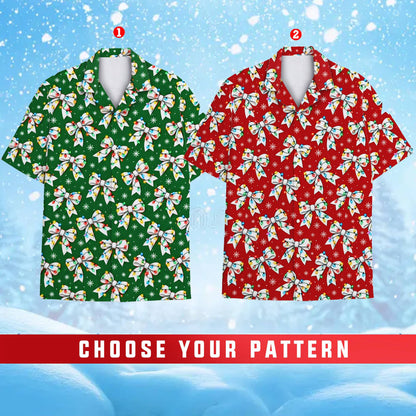 Multicolor front view of the christmas hawaiian shirt with festive bows