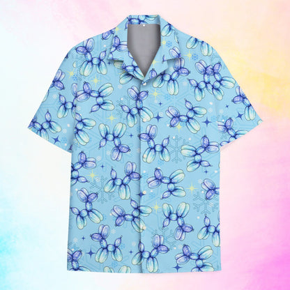 Light blue christmas hawaiian shirt with balloon dog and snowflake pattern, main view