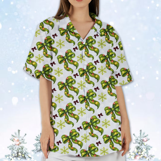 Matching family hawaiian shirts with Christmas bows and lights pattern