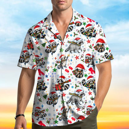 Matching family hawaiian shirts featuring a christmas raccoon pattern, front view.