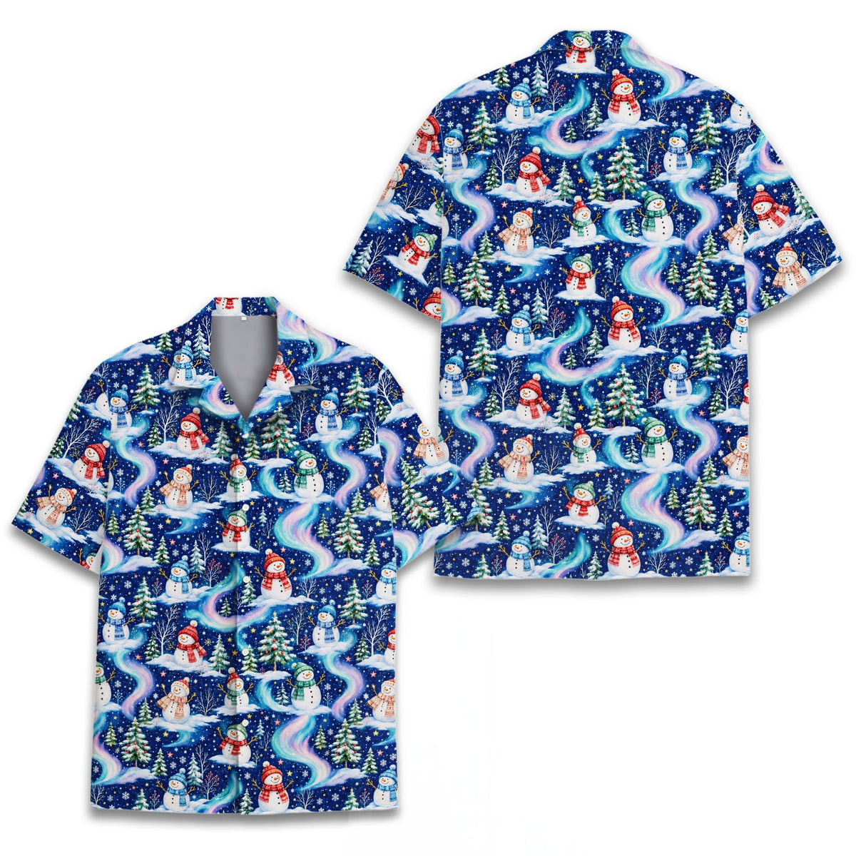 Front view of the winter wonderland snowman Hawaiian shirt in navy and blue
