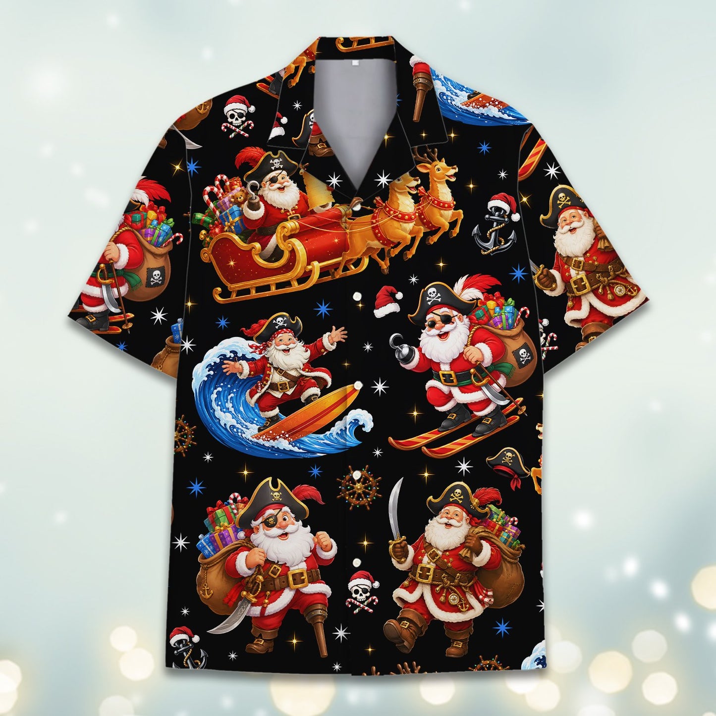 Main view of the pirate Santa christmas hawaiian shirt on a black background