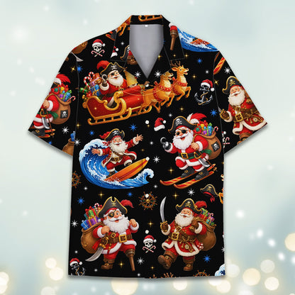 Main view of the pirate Santa christmas hawaiian shirt on a black background