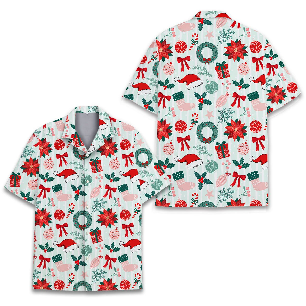 Front view of the holiday hawaiian shirt with festive motifs