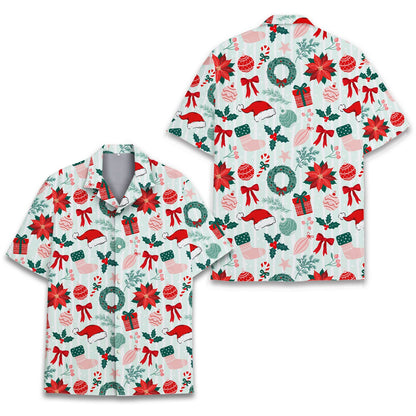 Front view of the holiday hawaiian shirt with festive motifs