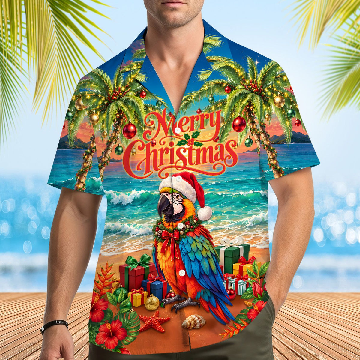 Main view of the christmas hawaiian shirt featuring a tropical macaw and beach scene