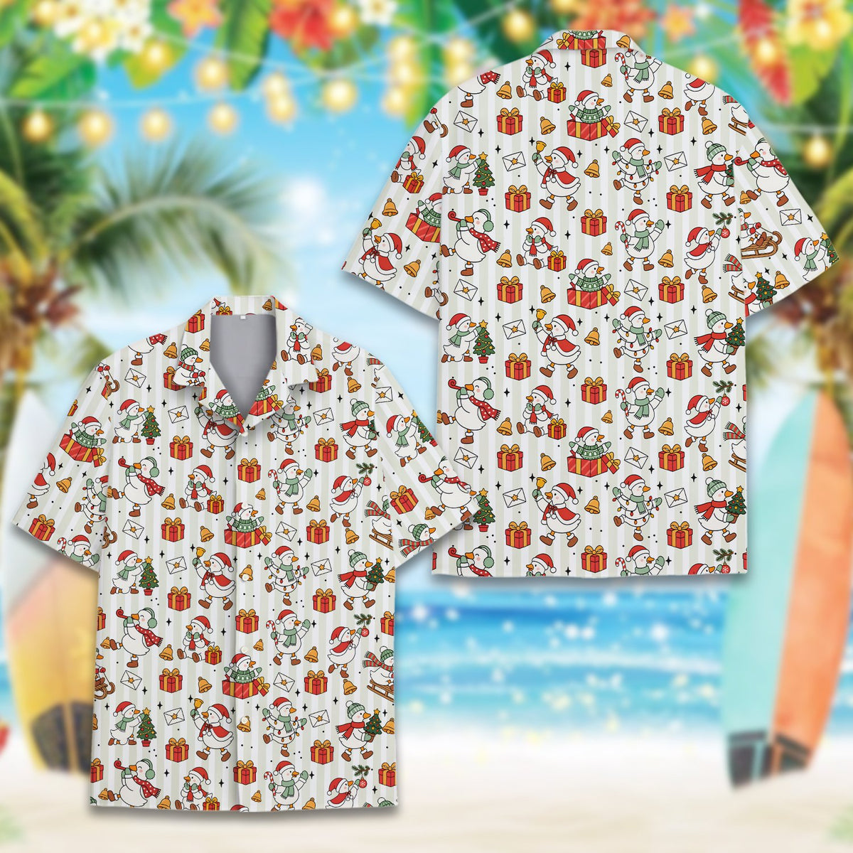 Front view of the matching family hawaiian shirt with holiday duck print