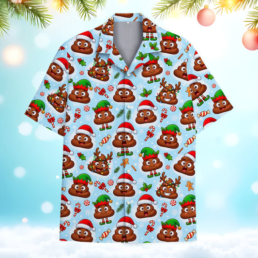 Front view of the light blue christmas hawaiian shirt featuring a holiday emoji pattern