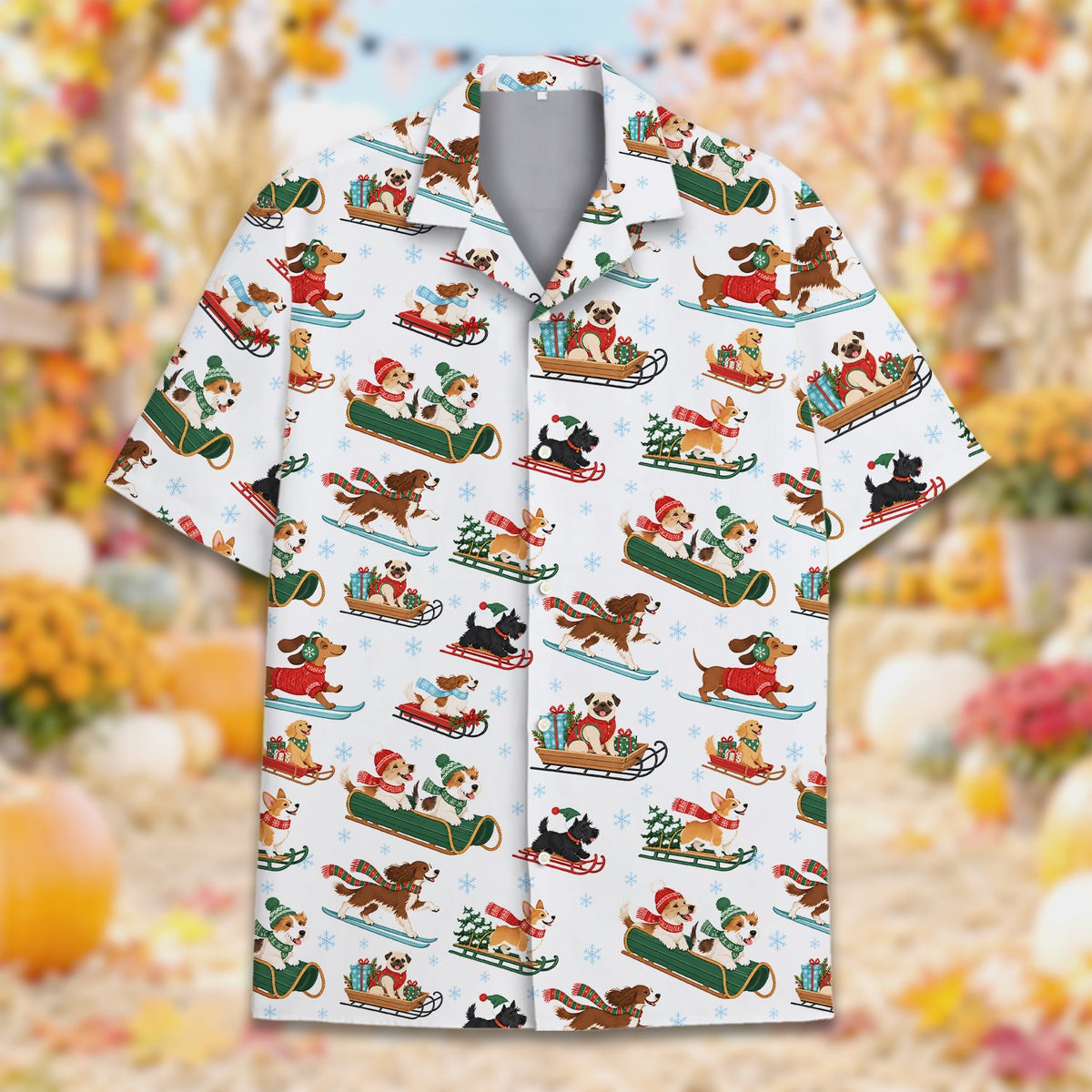 Matching family christmas hawaiian shirt featuring winter dogs on white background, main view