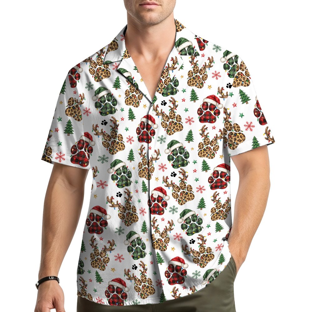 White christmas hawaiian shirt with festive dog paws, alternate main view