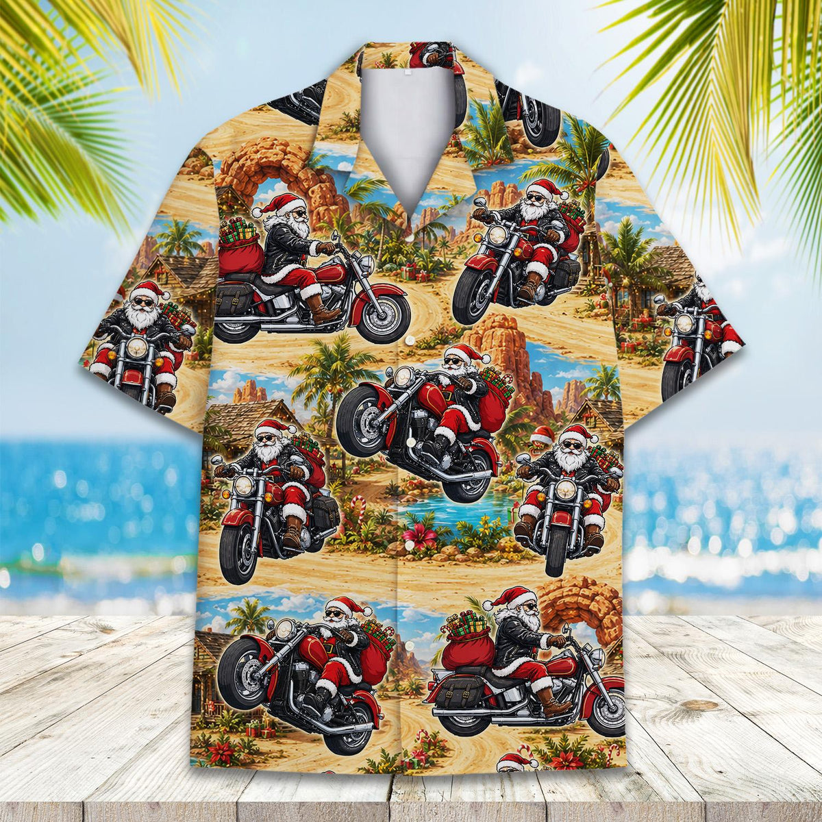 Front view of matching family hawaiian shirt featuring Santa on a motorcycle