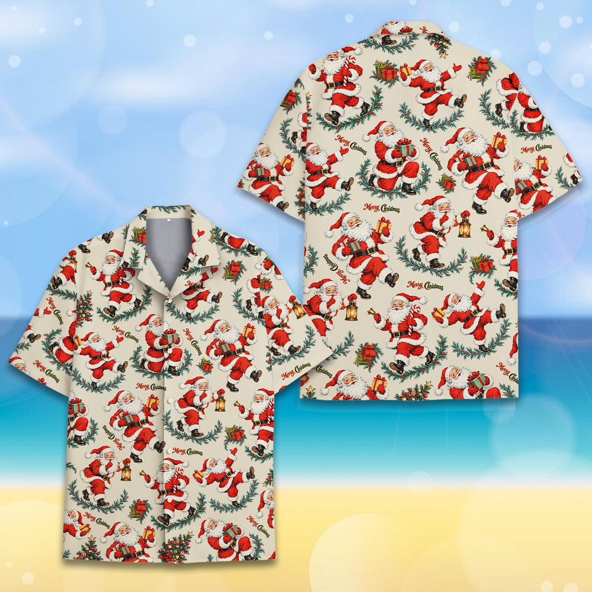 Vintage Santa beige Christmas hawaiian shirt front view