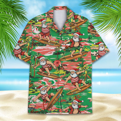 Surfing Santa christmas hawaiian shirt, front view