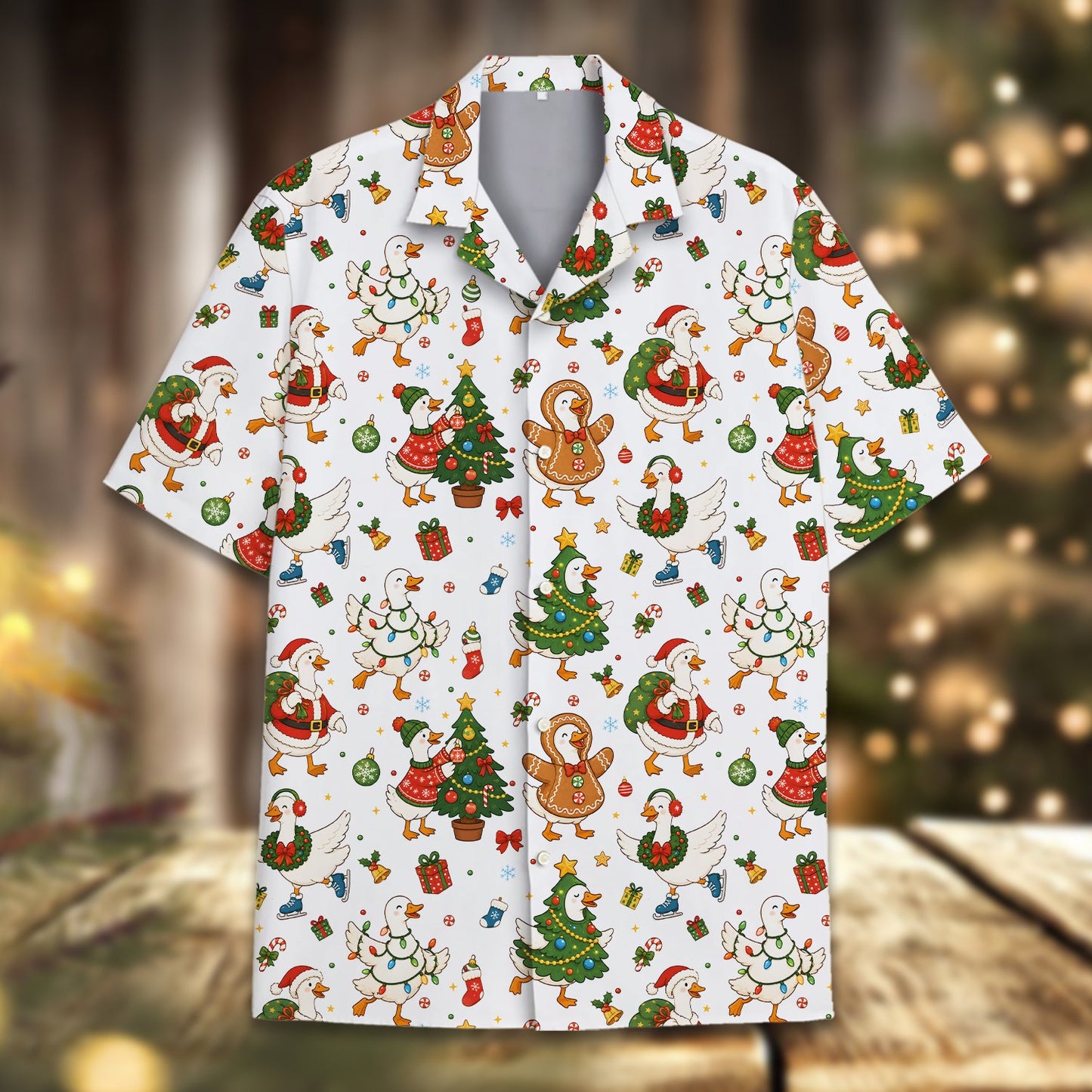 Front view of the matching family christmas hawaiian shirt featuring festive ducks