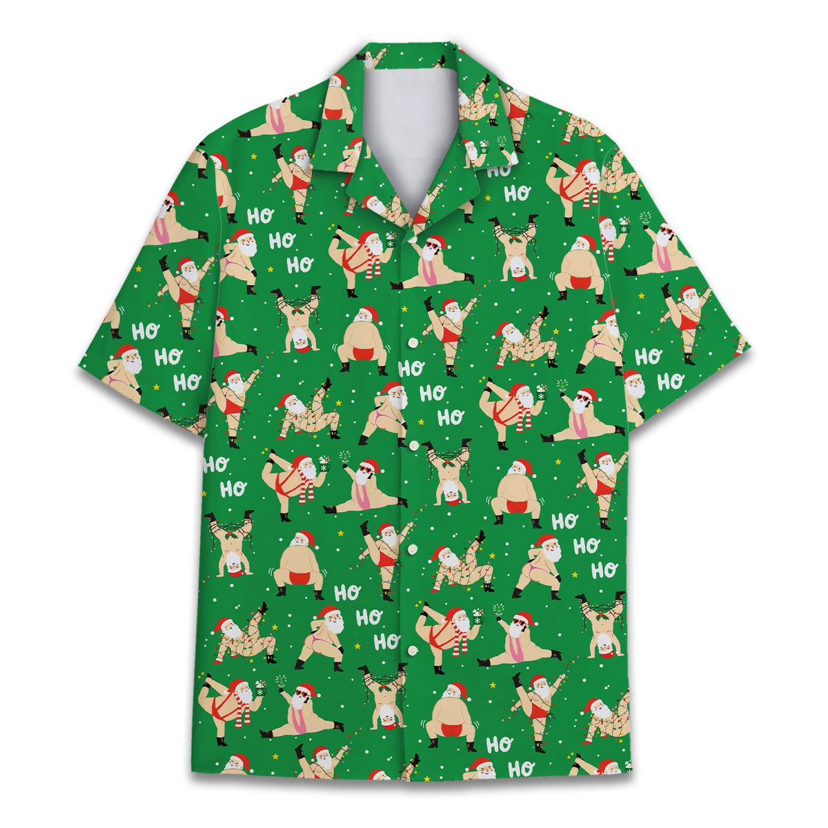 Front view of the christmas hawaiian shirt featuring yoga Santas on a green background