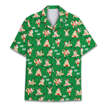 Front view of the christmas hawaiian shirt featuring yoga Santas on a green background
