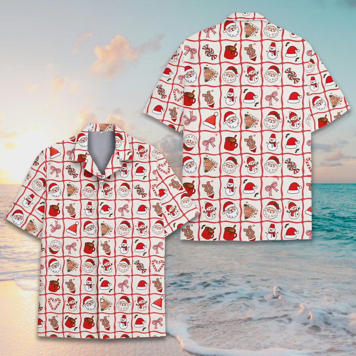 Front view of the white and red matching family hawaiian shirts for Christmas