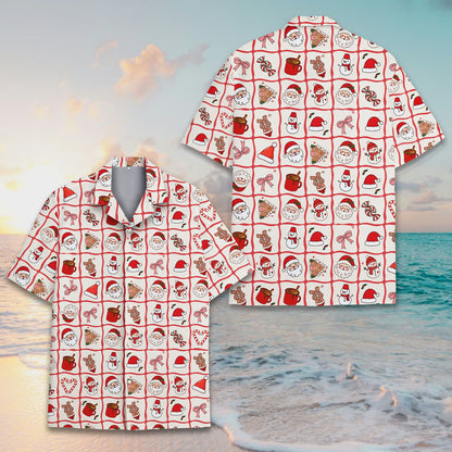 Front view of the white and red matching family hawaiian shirts for Christmas