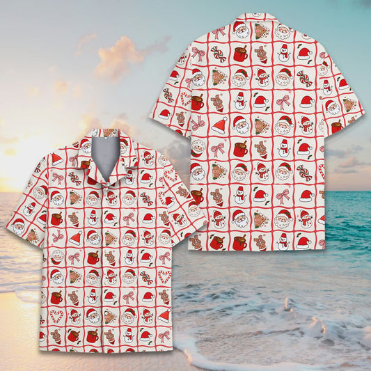 Christmas hawaiian shirt with festive doodle grid pattern on white background, front view