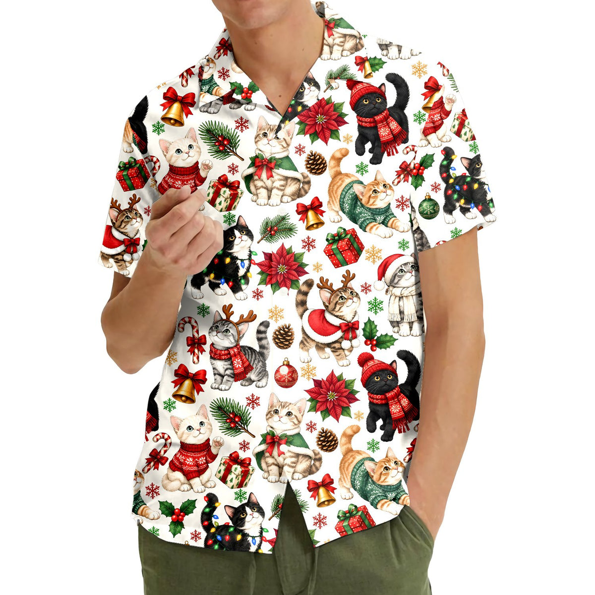 Matching family hawaiian shirts featuring festive Christmas cats, front view