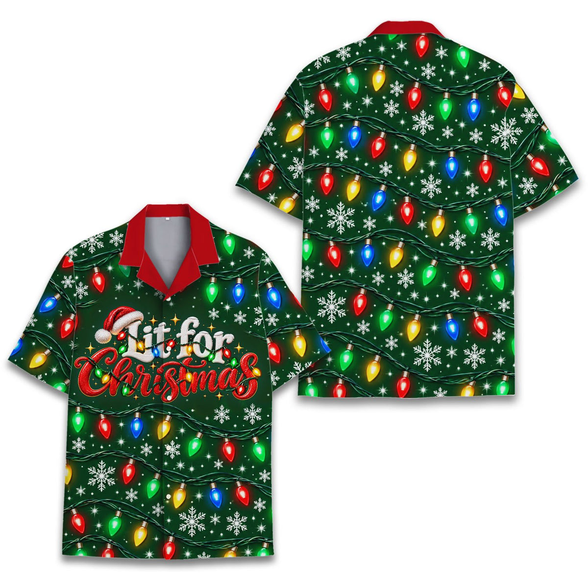 Multicolor christmas hawaiian shirt with colorful lights, front view