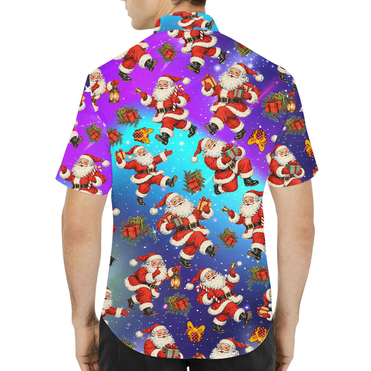 Front view of matching family hawaiian shirts featuring retro Santa