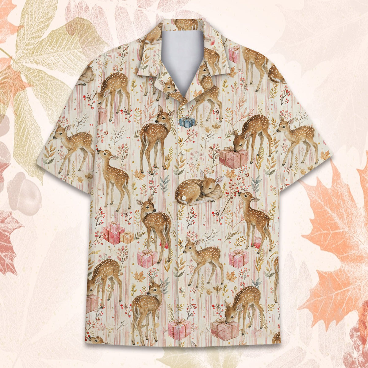 Matching family hawaiian shirts in christmas watercolor fawn design, main view