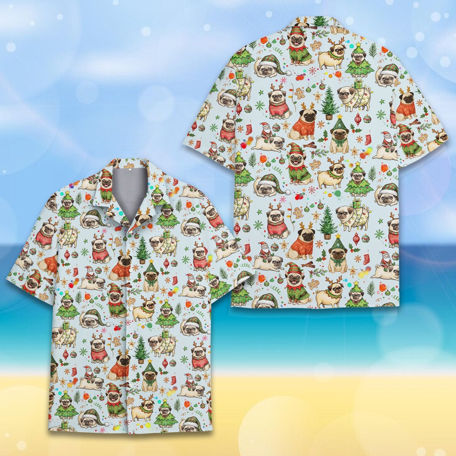 Blue christmas hawaiian shirt with festive pugs pattern, matching family style front view