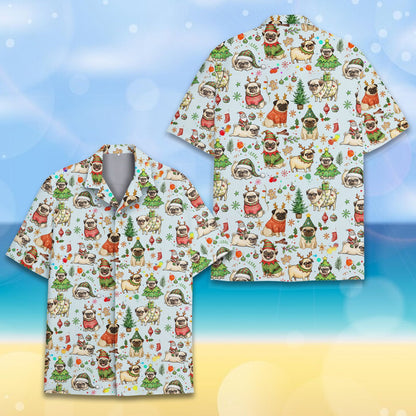 Blue christmas hawaiian shirt with festive pugs pattern, matching family style front view