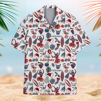 Front view of matching family Christmas Hawaiian shirt