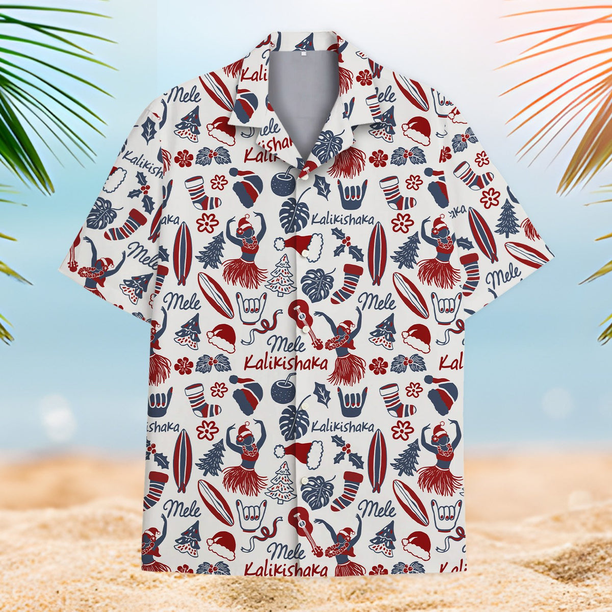 Matching family Christmas Hawaiian shirt with Mele Kalikishaka pattern
