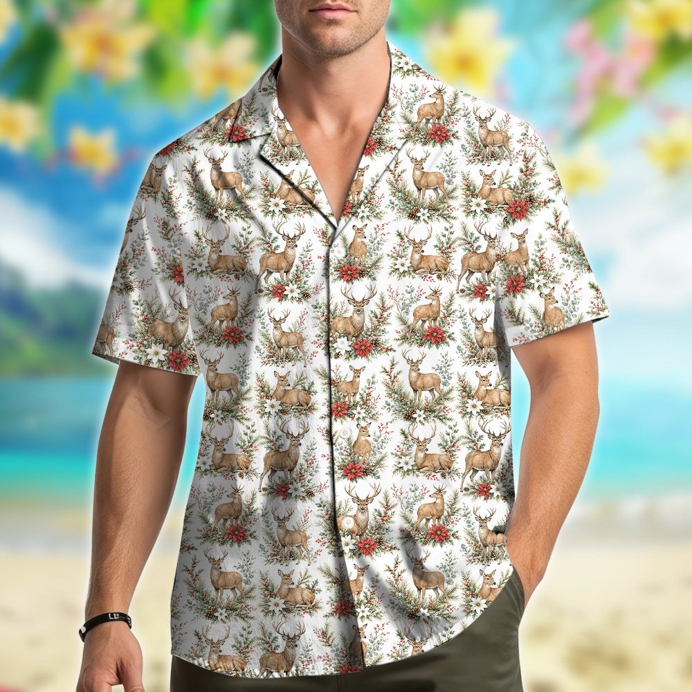 Christmas hawaiian shirt with reindeer and poinsettia pattern, front view