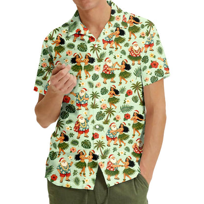 Front view of the matching family hawaiian shirts with tropical holiday pattern