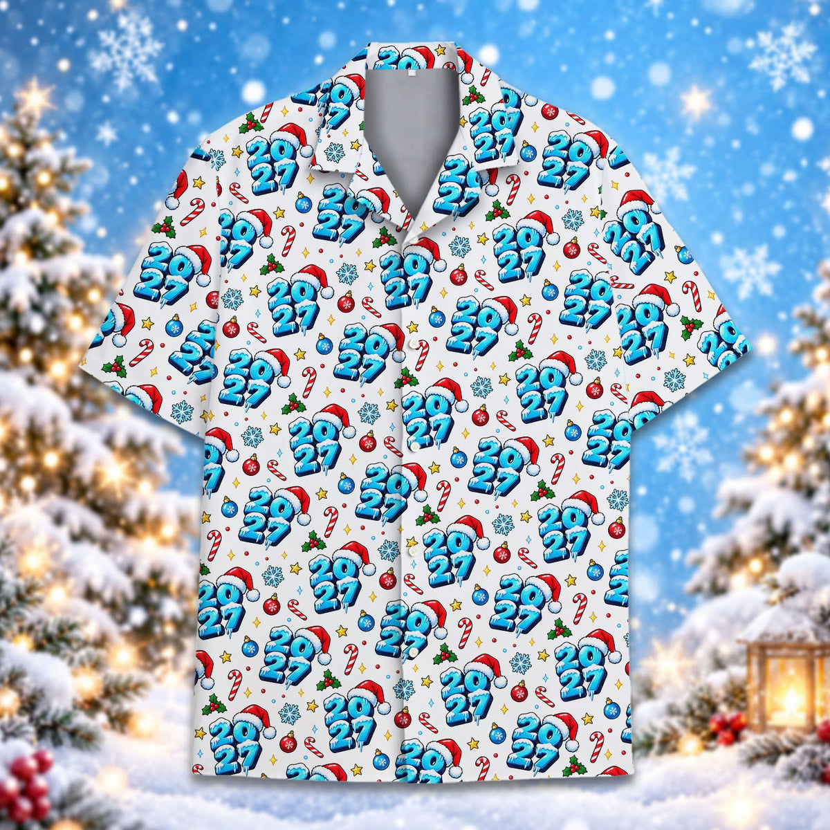 Matching family christmas hawaiian shirt with 2027 snowy holiday design on white, main front view