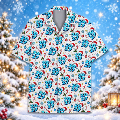 Matching family christmas hawaiian shirt with 2027 snowy holiday design on white, main front view