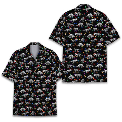 Front view of matching family hawaiian shirts featuring dinosaur skeletons and holiday lights