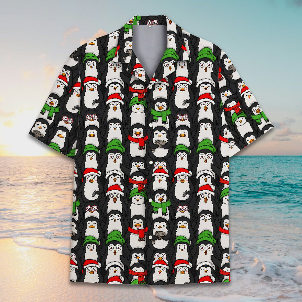 Front view of the Christmas hawaiian shirt featuring festive cartoon penguins