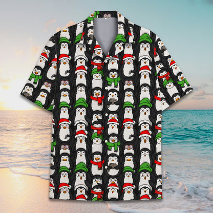 Front view of the Christmas hawaiian shirt featuring festive cartoon penguins