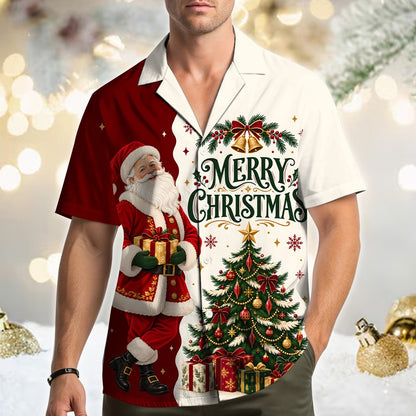 Front view of the matching family christmas hawaiian shirt showing the red Santa side and white Christmas tree side