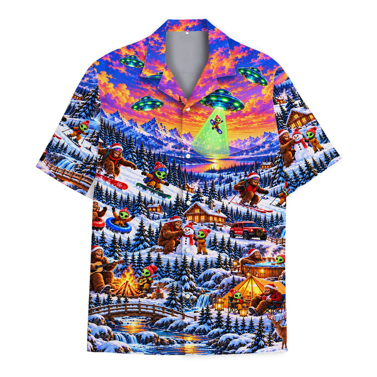Snowy alien christmas hawaiian shirt showing bigfoot in hot tub, third main view