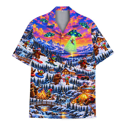 Snowy alien christmas hawaiian shirt showing snowboarding aliens, alternate main view