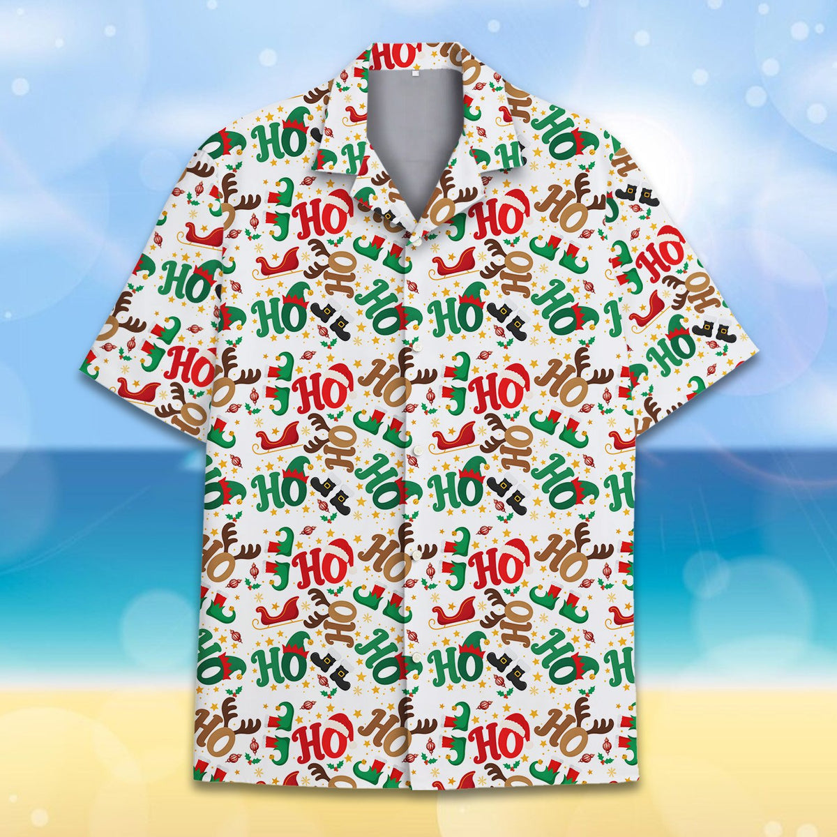 Christmas hawaiian shirt with festive ho ho ho pattern, front view