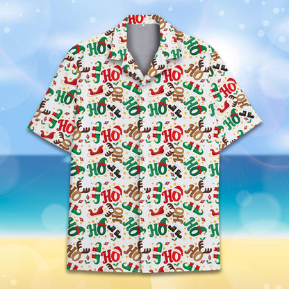 Christmas hawaiian shirt with festive ho ho ho pattern, front view