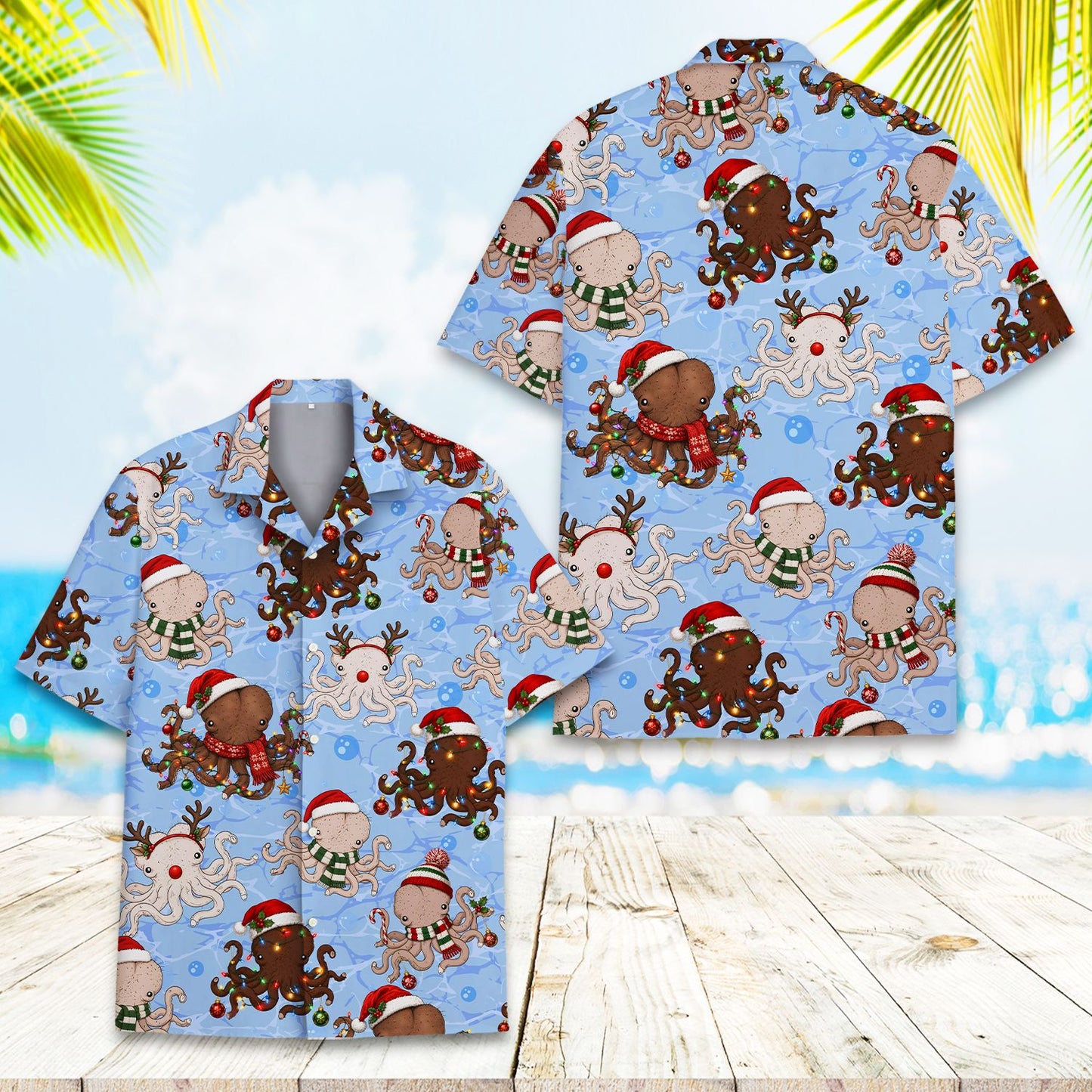 Main view of the light blue matching family hawaiian shirts with Christmas octopus design