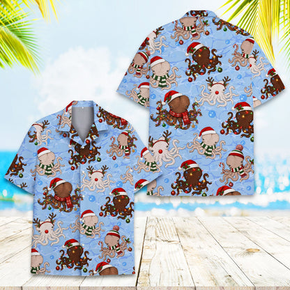 Front view of the hawaiian christmas shirt womens style featuring holiday octopuses