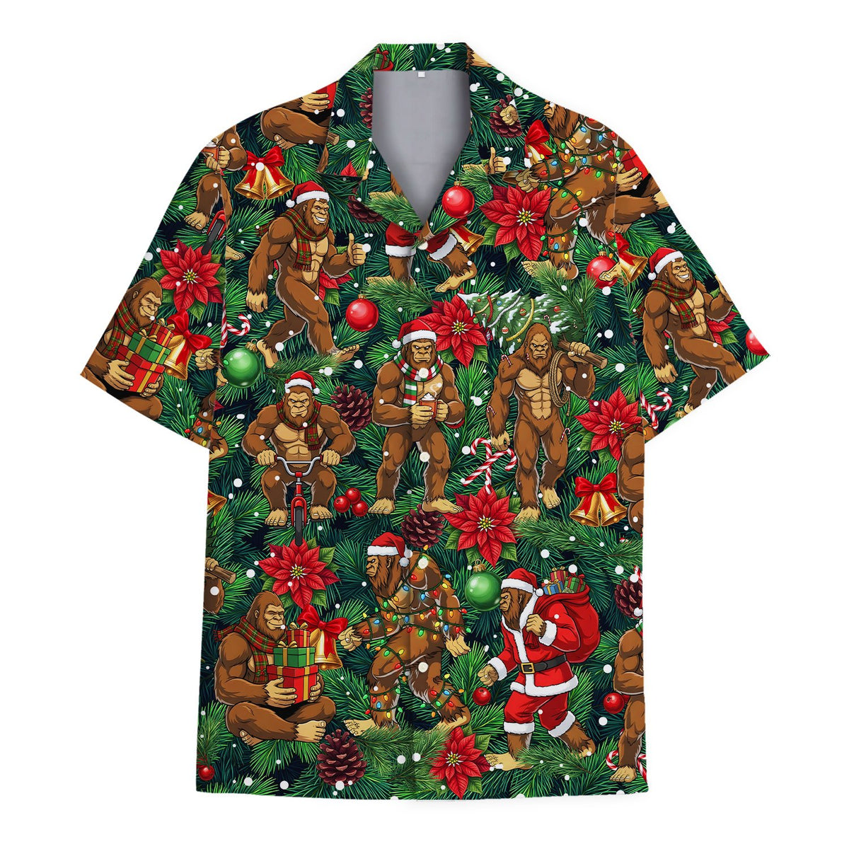 Bigfoot christmas hawaiian shirt front view with festive pattern