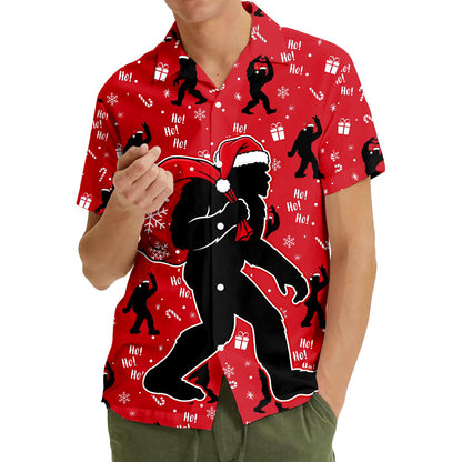 Main view of the red Bigfoot Christmas Hawaiian shirt featuring snowflakes and candy canes